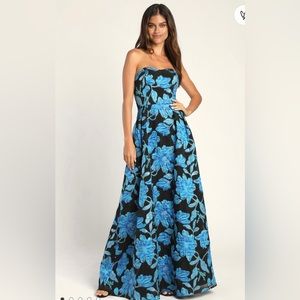LULUS XL jacquard dress blue/black strapless